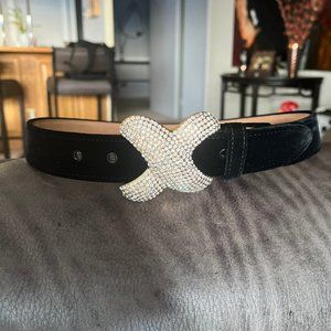WCM New York Black Velvet Belt with Stunning Rhinestone X Buckle